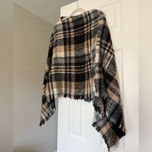 Plaid Fringe Blanket scarf Shawl - Black, Gray,‎ Tan